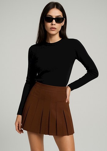 Kahverengi Deri Pilili Mini Etek - Görsel 3