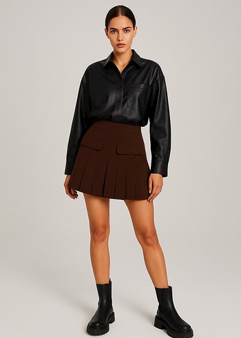 Kahverengi Deri Pilili Mini Etek - Görsel 2
