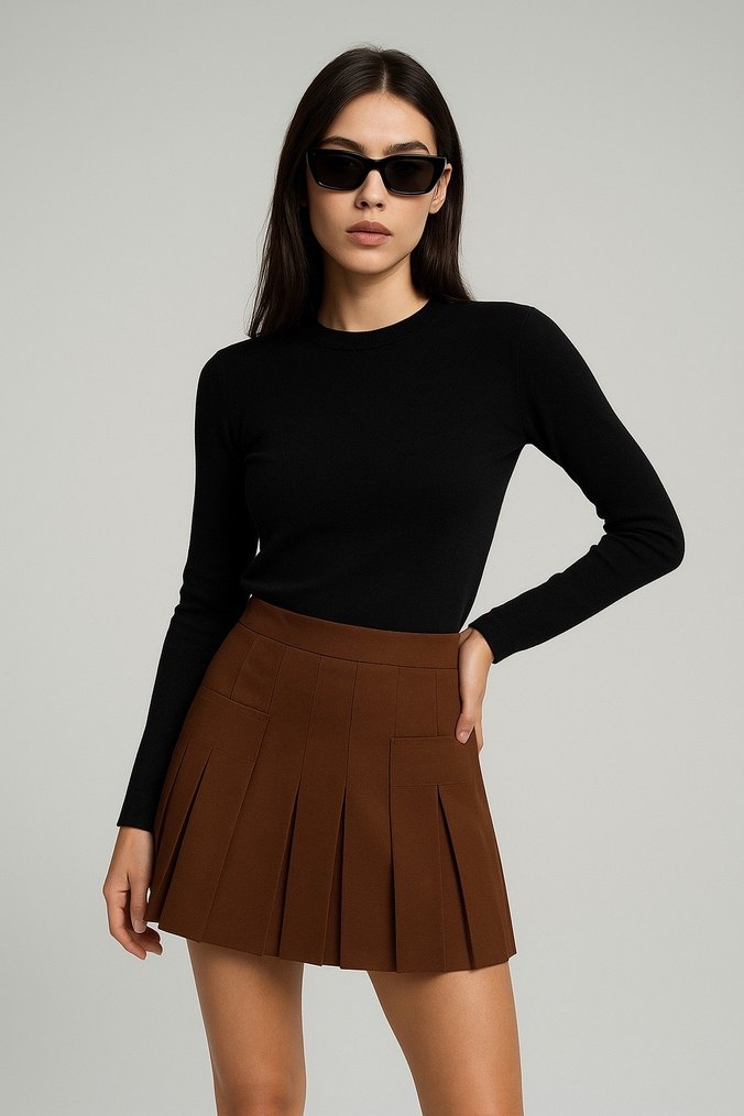 Kahverengi Deri Pilili Mini Etek - Görsel 3