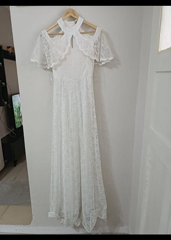 Dantel Detaylı Beyaz Uzun Bohem Elbise - Görsel 3