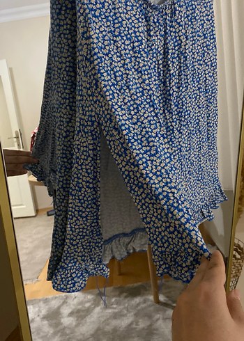 Mavi V Yaka Kısa Renkli Bohem Elbise - Görsel 4