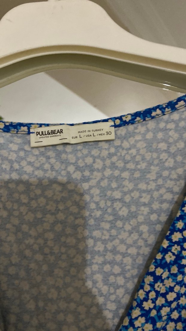 Mavi V Yaka Kısa Renkli Bohem Elbise - Görsel 3