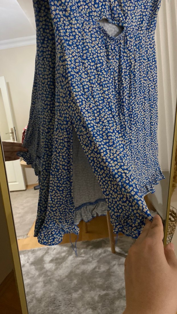 Mavi V Yaka Kısa Renkli Bohem Elbise - Görsel 4