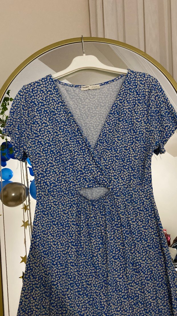 Mavi V Yaka Kısa Renkli Bohem Elbise - Görsel 2