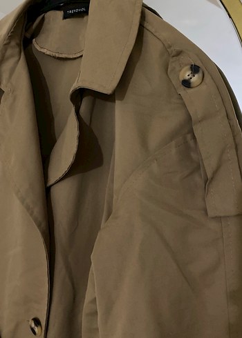 Düğmeli Bej Uzun Kadın Trençkot - Görsel 4