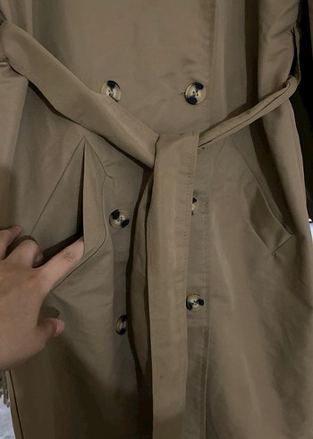 Düğmeli Bej Uzun Kadın Trençkot - Görsel 2