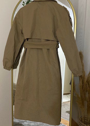 Düğmeli Bej Uzun Kadın Trençkot - Görsel 6