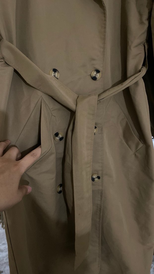 Düğmeli Bej Uzun Kadın Trençkot - Görsel 2