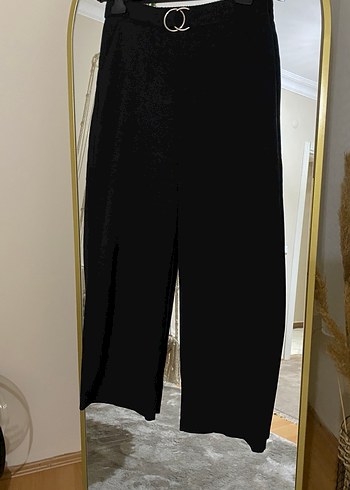 Siyah Midi Kadın Kemerli Rahat Kumaş Pantolon - Görsel 2