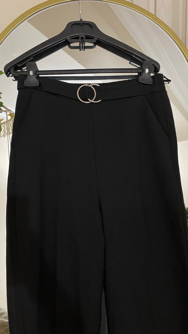 Siyah Midi Kadın Kemerli Rahat Kumaş Pantolon - Görsel 3