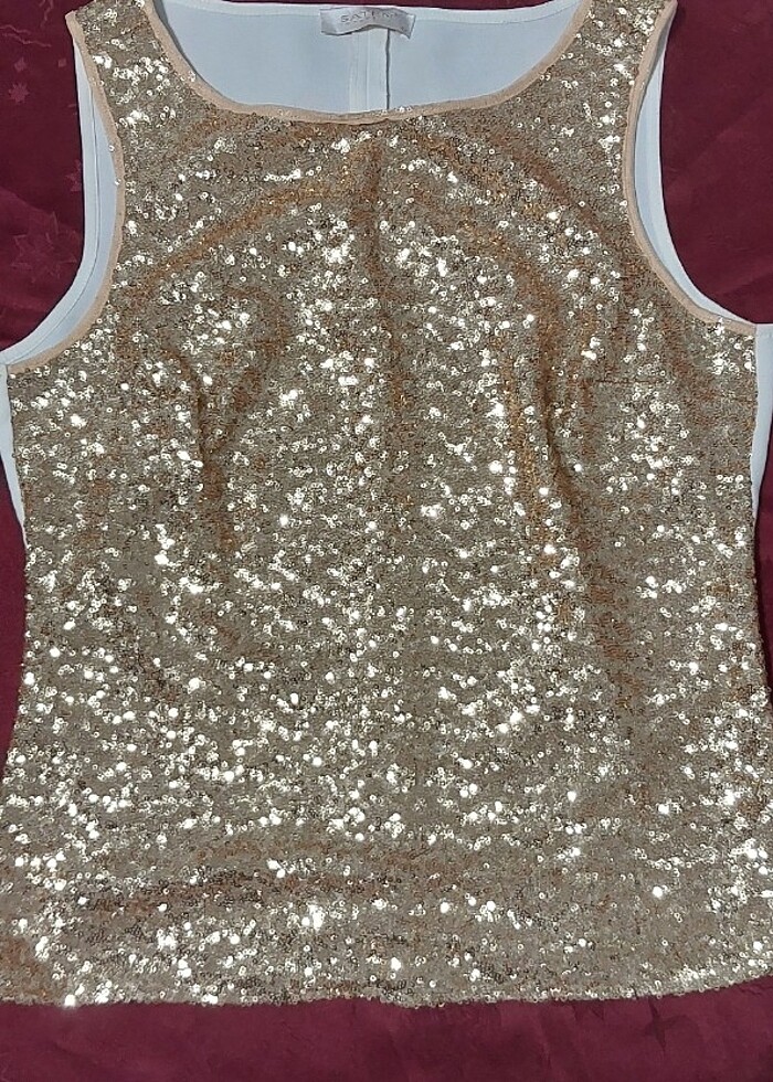 SATEN payetli sıfır kol bluz - Görsel 3