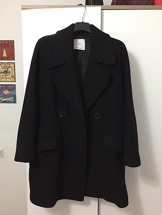 Mango Oversize kesim siyah kaşe kaban