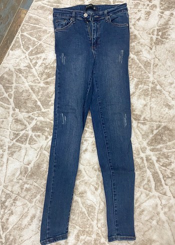 Kadın Lacivert Füme Bağlama Desenli Denim Pantolon