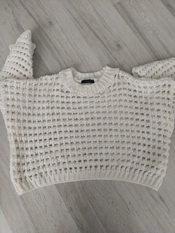 Beyaz Örgü Crop Kadın Kazak - Görsel 2