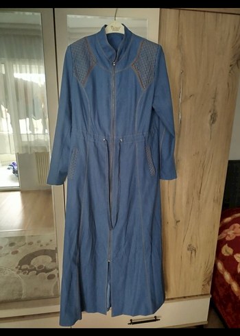Uzun Mavi Denim Fermuarlı Kap