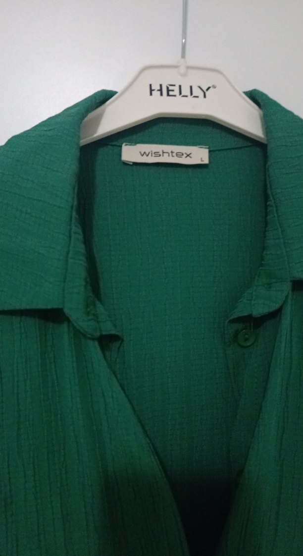 Düğmeli Uzun Kollu Yeşil Keten Gömlek - Görsel 2