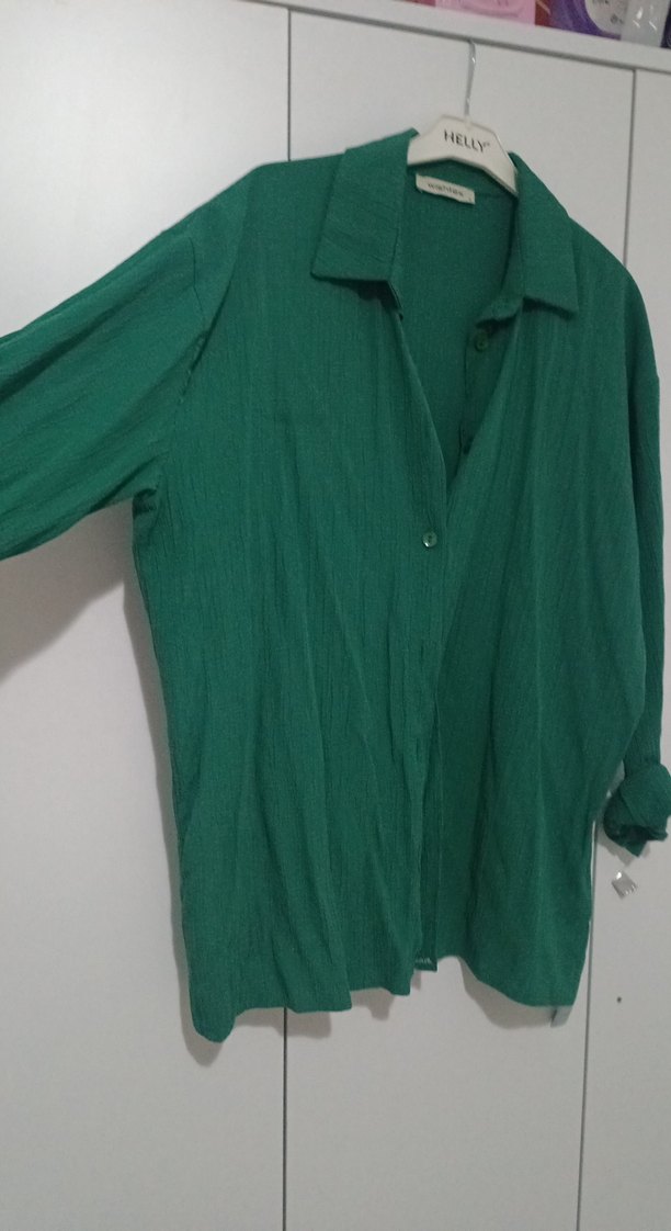 Düğmeli Uzun Kollu Yeşil Keten Gömlek - Görsel 5