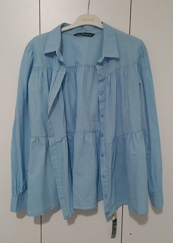 Mavi Pamuklu Uzun Kollu Gömlek - Görsel 5