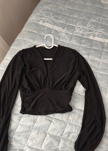 Siyah V Yakalı Kemerli Mini Bluz - Görsel 2