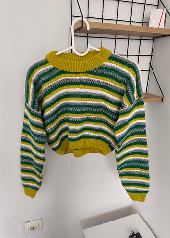Renkli Çizgili Kısa Triko Kadın Kazak - Görsel 2