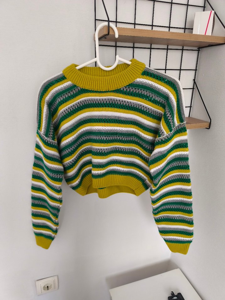 Renkli Çizgili Kısa Triko Kadın Kazak - Görsel 2