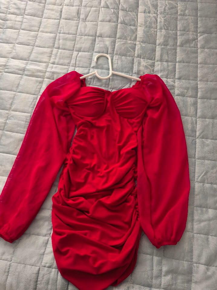 Kırmızı Drapeli Mini Abiye Elbise - Görsel 2