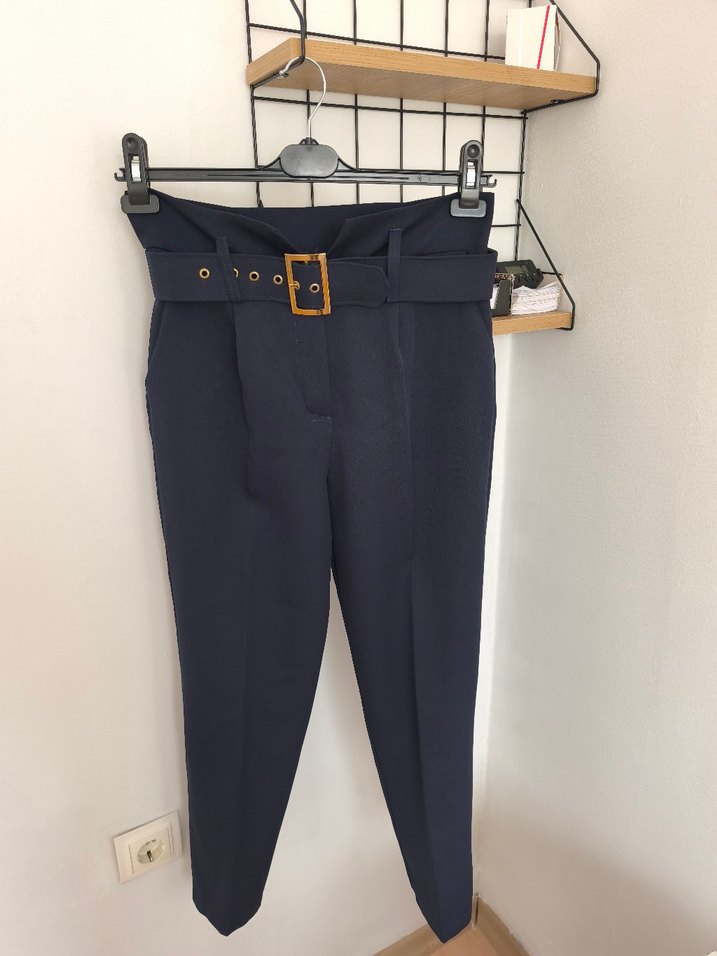 Kemerli Lacivert Kadın Kumaş Pantolon - Görsel 2