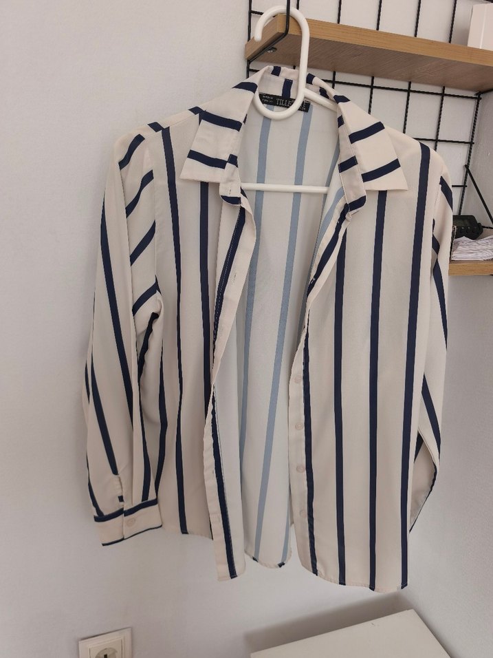 Çizgili Uzun Kollu Kadın Gömlek - Görsel 2