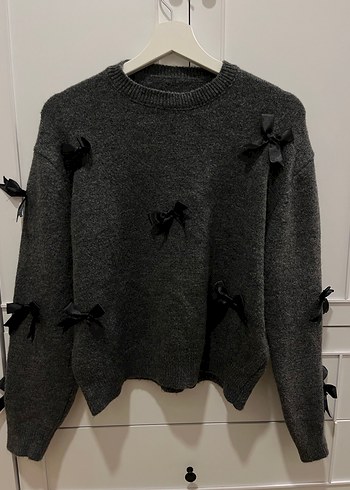 Fiyonklu Gri Örgü Kazak Siyah - Görsel 2