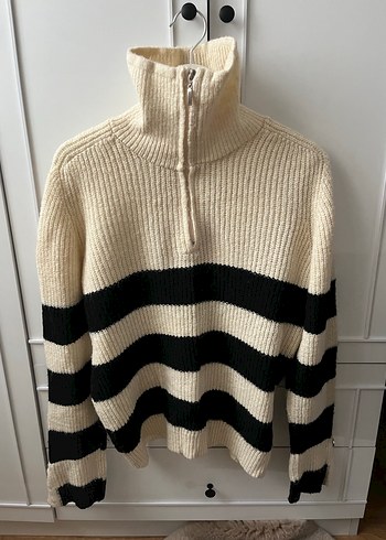 Çizgili Fermuarlı Örgü Kadın Kazak - Görsel 3