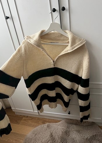 Çizgili Fermuarlı Örgü Kadın Kazak - Görsel 2