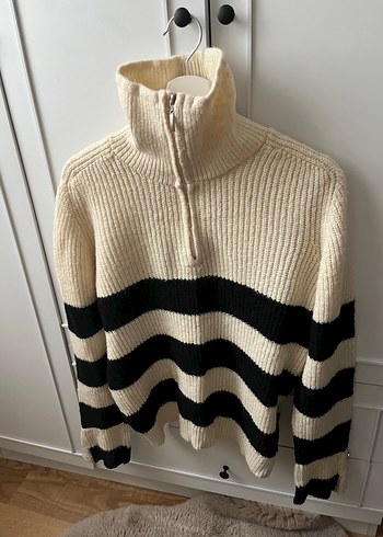 Çizgili Fermuarlı Örgü Kadın Kazak - Görsel 4