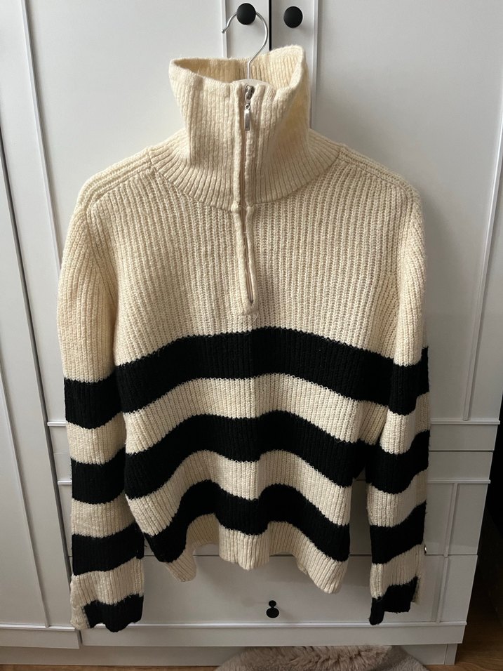 Çizgili Fermuarlı Örgü Kadın Kazak - Görsel 3