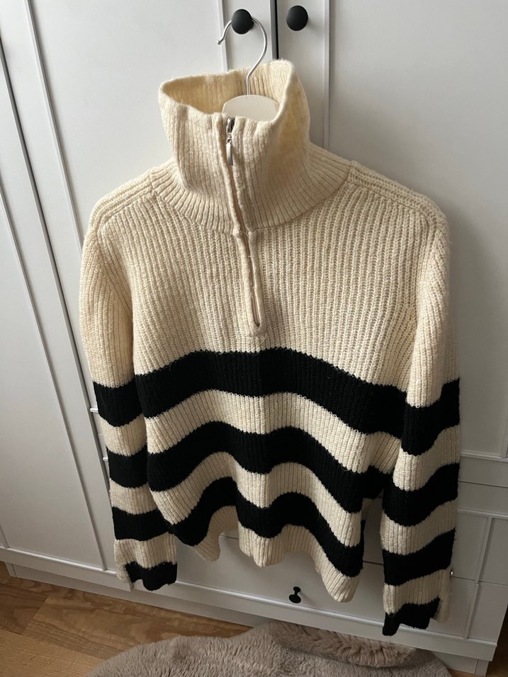 Çizgili Fermuarlı Örgü Kadın Kazak - Görsel 4