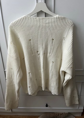 V Yaka Beyaz Triko Oversize Kazak - Görsel 6