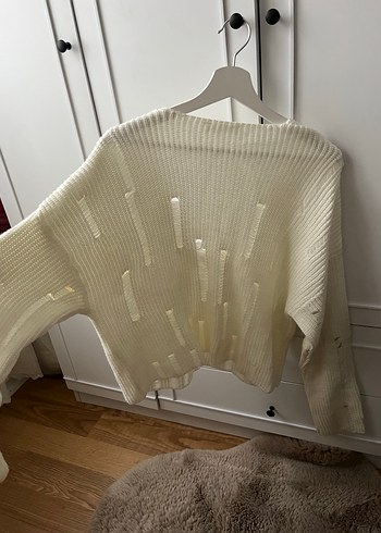 V Yaka Beyaz Triko Oversize Kazak - Görsel 7