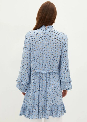 Mavi Bağlama Desenli Pamuklu Midi Tunik - Görsel 2