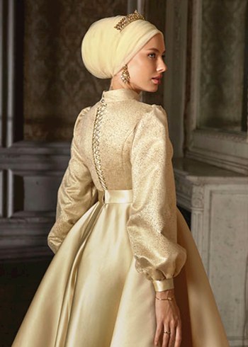 MELİHA TARHANACI 
Pudra Uzun Kollu Modern Klasik Abiye Elbise - Görsel 3