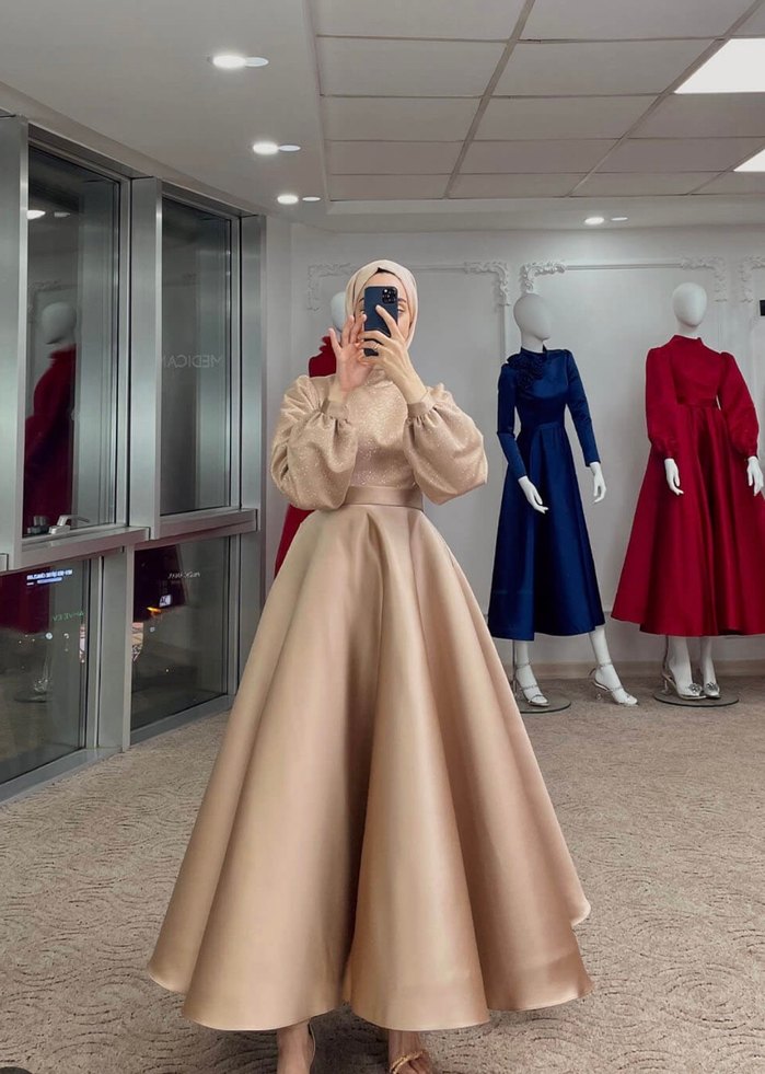 MELİHA TARHANACI 
Pudra Uzun Kollu Modern Klasik Abiye Elbise - Görsel 2