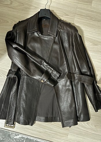 Kahverengi Hakiki Deri Kemerli Biker Ceket - Görsel 8