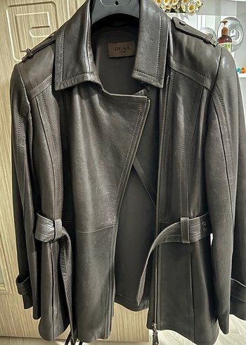 Kahverengi Hakiki Deri Kemerli Biker Ceket - Görsel 4