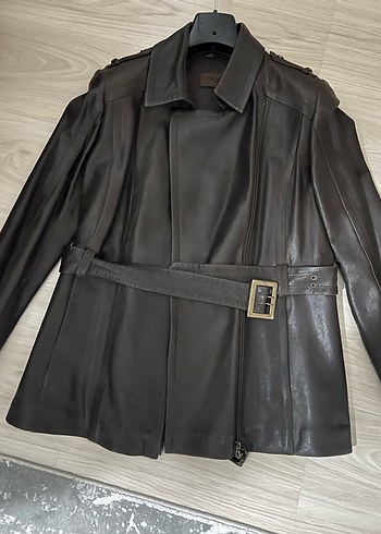 Kahverengi Hakiki Deri Kemerli Biker Ceket - Görsel 6
