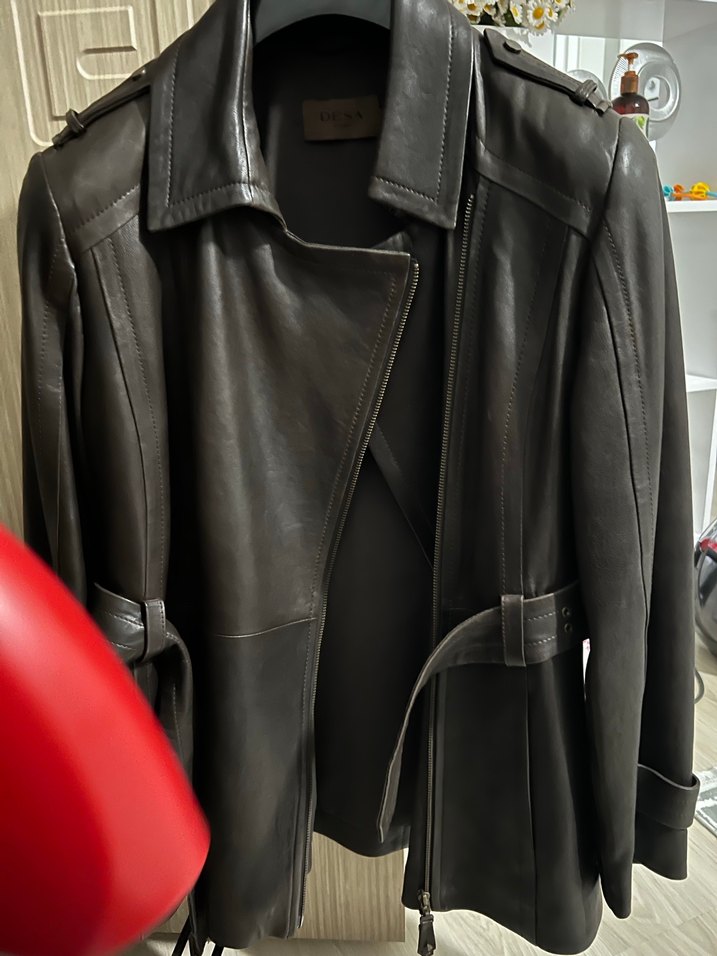 Kahverengi Hakiki Deri Kemerli Biker Ceket - Görsel 3