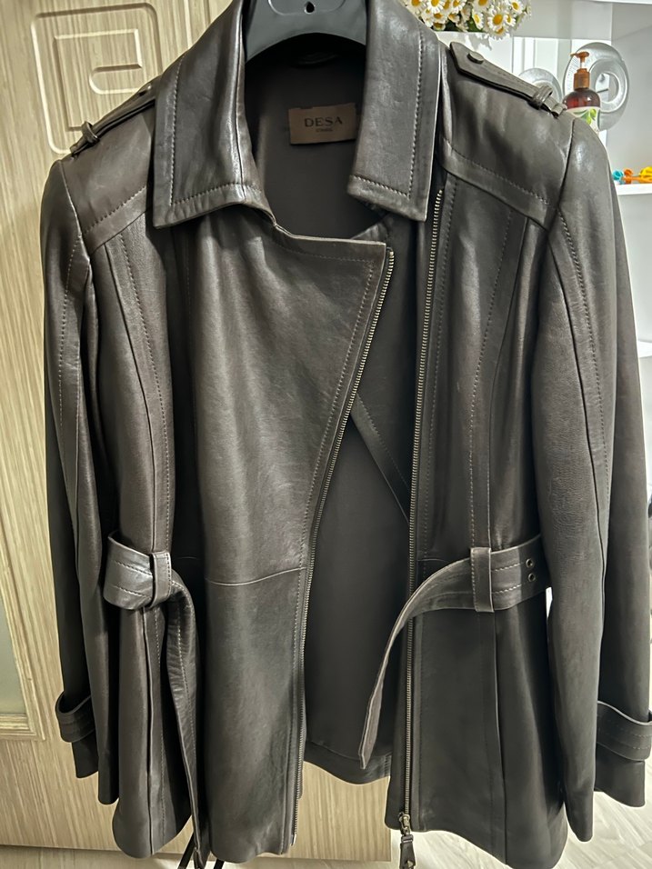 Kahverengi Hakiki Deri Kemerli Biker Ceket - Görsel 4