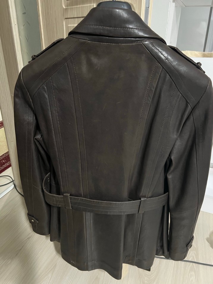 Kahverengi Hakiki Deri Kemerli Biker Ceket - Görsel 5