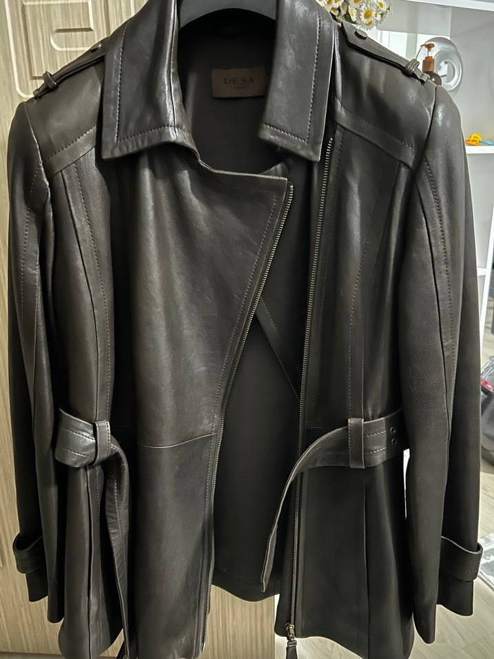 Kahverengi Hakiki Deri Kemerli Biker Ceket - Görsel 2