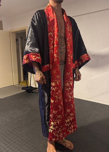 Desenli Kırmızı Uzun Unisex Kimono