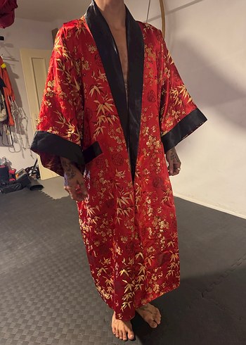 universal Beden Desenli Kırmızı Uzun Unisex Kimono