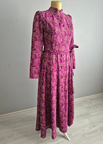 Mor Vintage Desenli Uzun Elbise