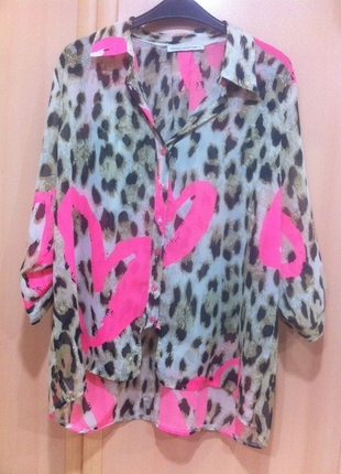 leopar ve neon desenli şifon gömlek